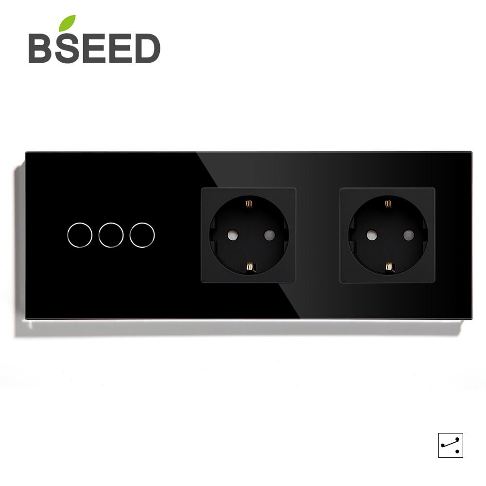 Bseed eu touch-afbryder 3 gang 1 -vejs 2- vejs vægafbryder med dobbelt eu-stik 3 farver krystalglaspanel hvid sort glod
