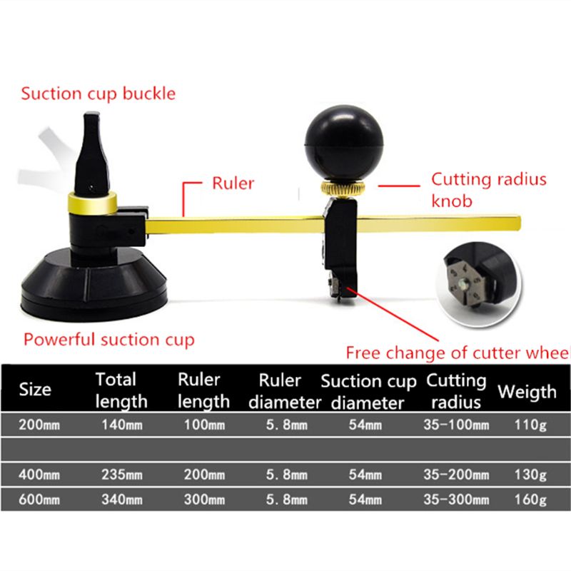 6 Wheel Construction Tool Durable Circular Compass Glass Cutter with Suction