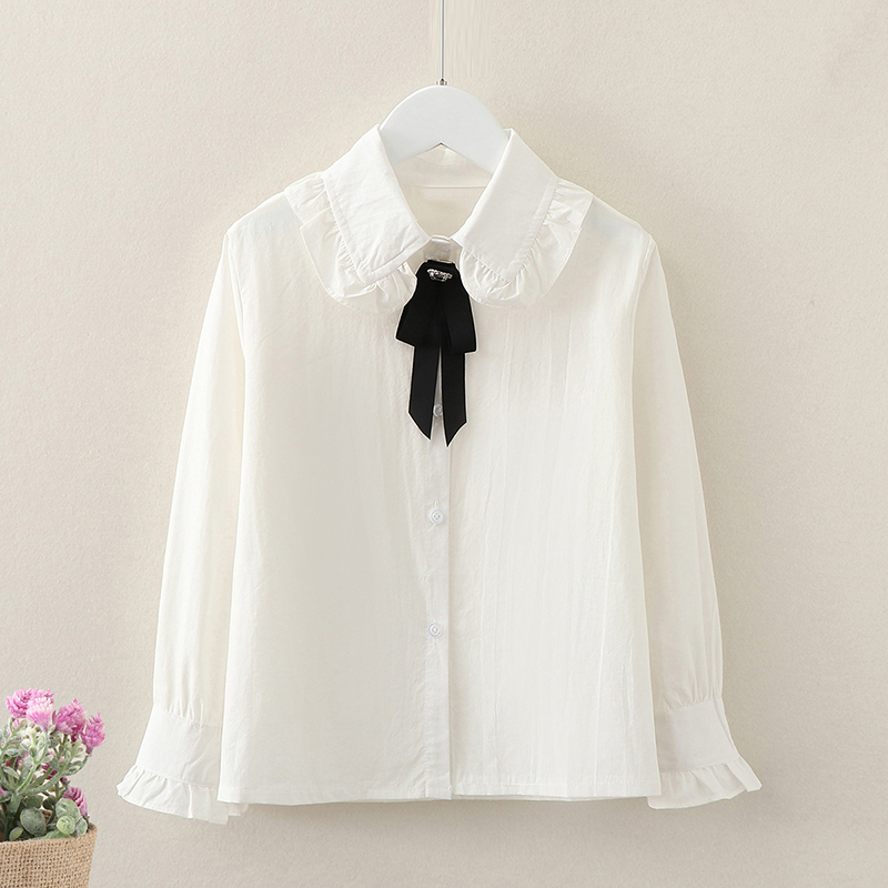 Camisetas de estilo Preppy para niña, ropa de otoño, camisa de manga larga de algodón para niña, ropa para niño, Tops con lazo para adolescentes para 6 8 10 años: 7 años