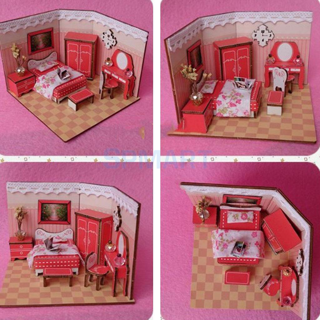 1:24 Diy Poppenhuis Houten Poppenhuis Miniatuur Meubels Kit Speelgoed Verjaardag Kerstcadeaus-Moderne Roze Slaapkamer Leven Scène Model