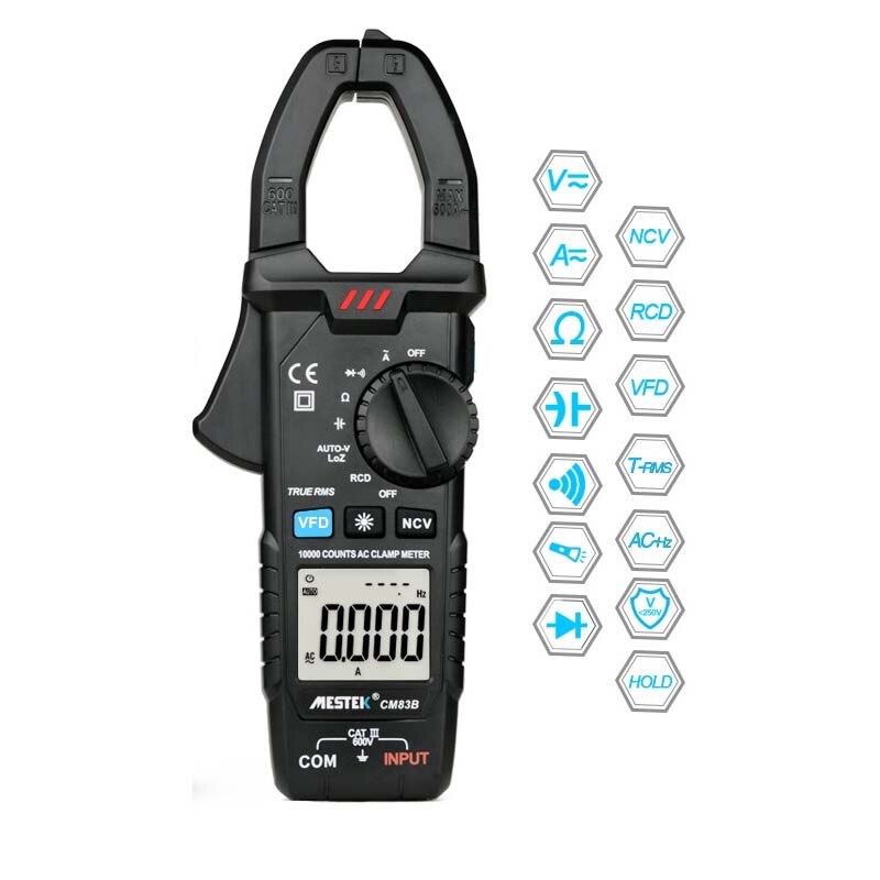 MESTEK CM83B Digital Clamp Meter 600A AC Current AC/DC Voltage Ohm True RMS Auto Range VFD Capacitance NCV Tester Ammeter
