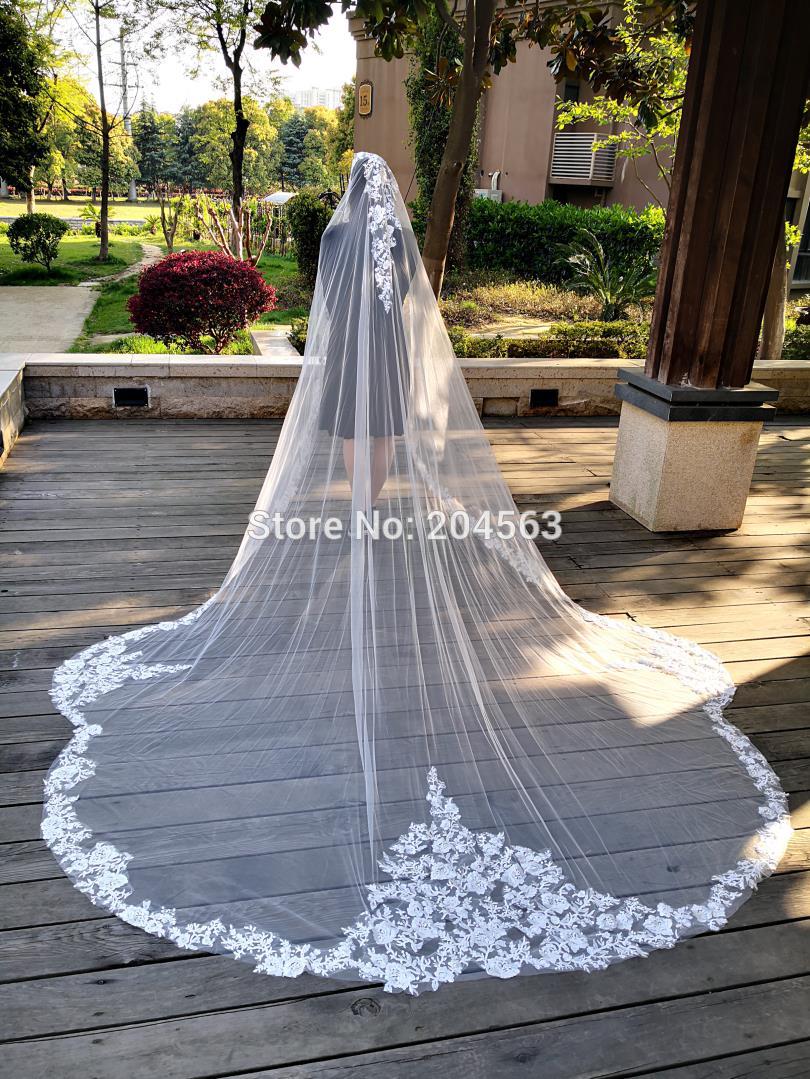 Velo de boda de una capa con borde de encaje, velo de novia con foto Real, único, catedral, MM