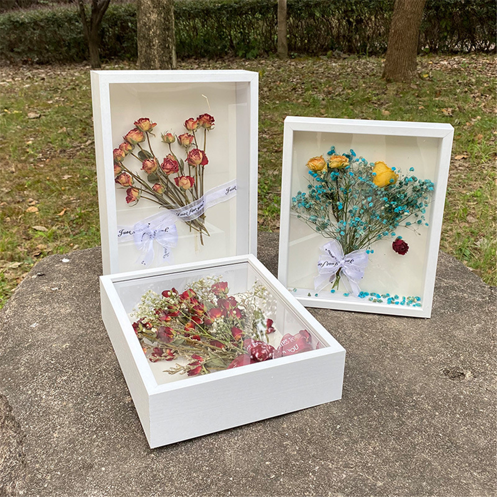 Marco de fotos de flores secas, marco hecho a mano, espécimen de mariposa eterna, adorno 3D DIY, especial, de cumpleaños: 8 pulgadas / Blanco