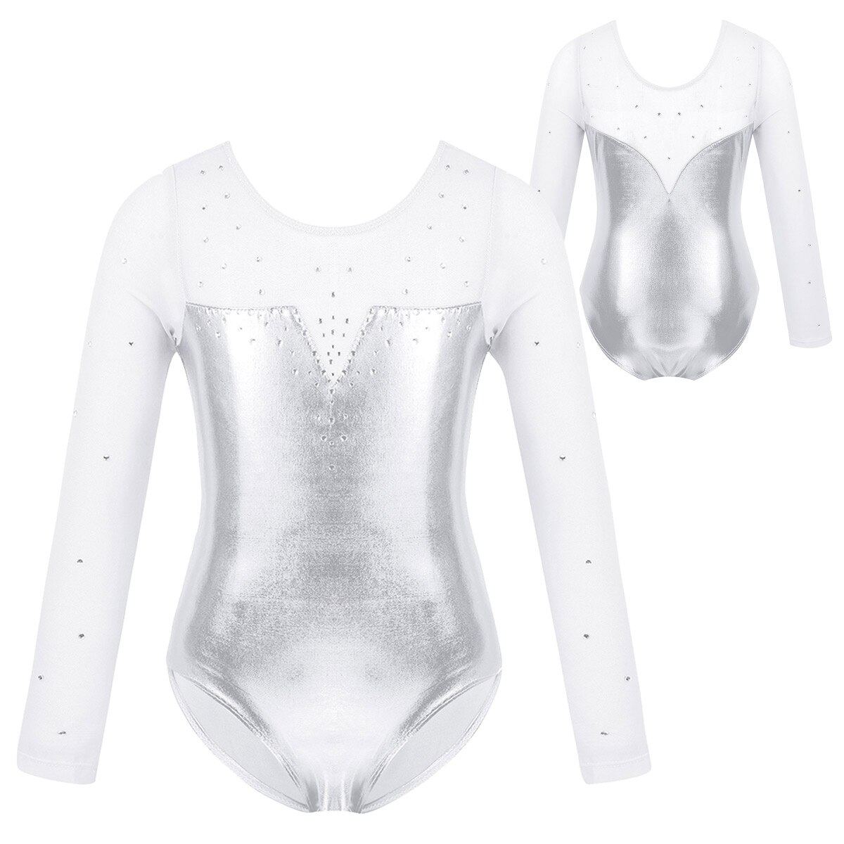 Ballerina tyll rytmisk gymnastik trikå dans klänning barn barn flickor dans klass träning paljetter glitter bodysuit kostym: Silver- / 8