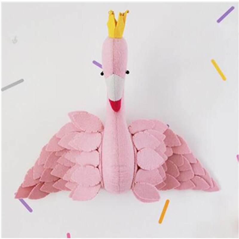 Håndlavet pink krone svane vægindretning udstoppet dukkelegetøj 3d dyrehoved legetøj vægophæng flamingo dekoration babyværelse vægkunstværk