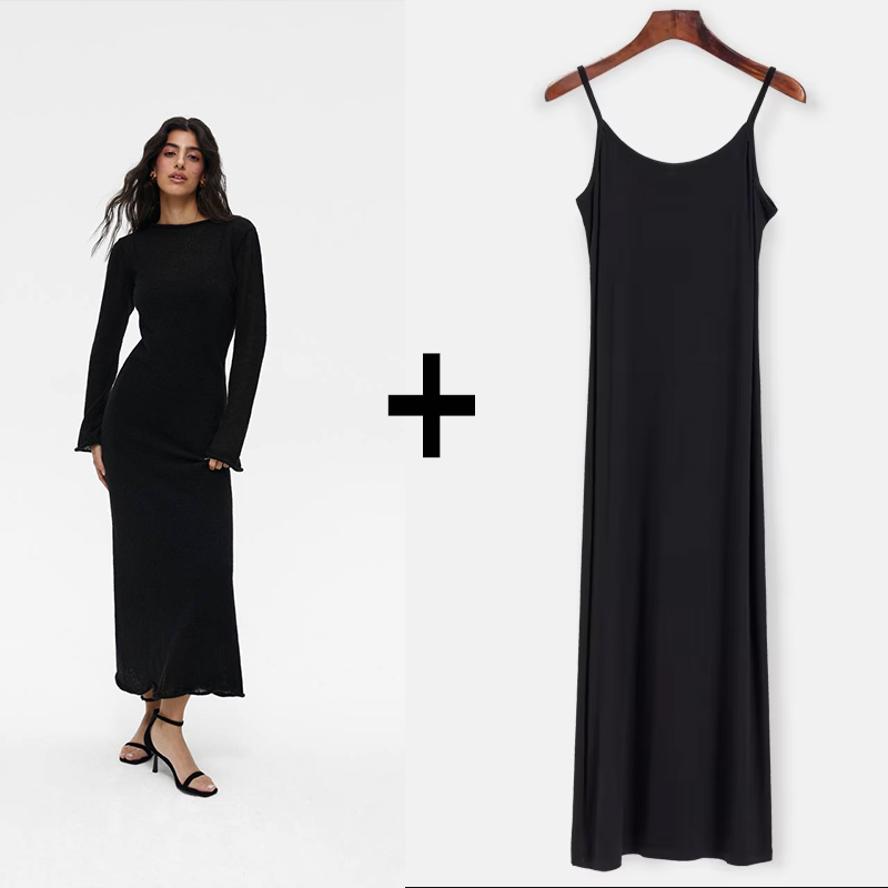 Forår efterår o-hals elastisk strik lange kjoler kvinder chic blød dame udhulende sweaterkjoler femme: Himmelblå