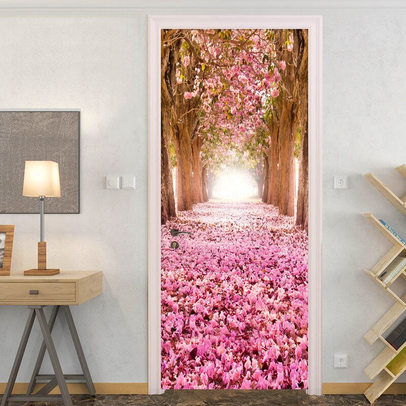 Woonkamer Bruiloft Huis Romantische Kersenbloesem Avenue 3D Deur Sticker PVC Zelfklevende Waterdichte Thuis Decals Vinyl 3D muurschildering