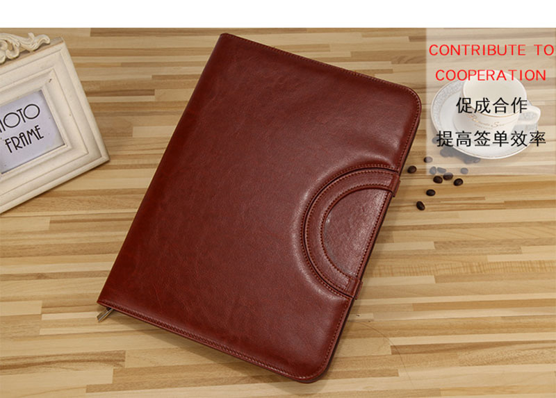 A4 fichario dokumentmapp pärm padfolio portfölj anteckningsbok med miniräknare handtag dragkedja pu läder kontorschef fodral: Brun