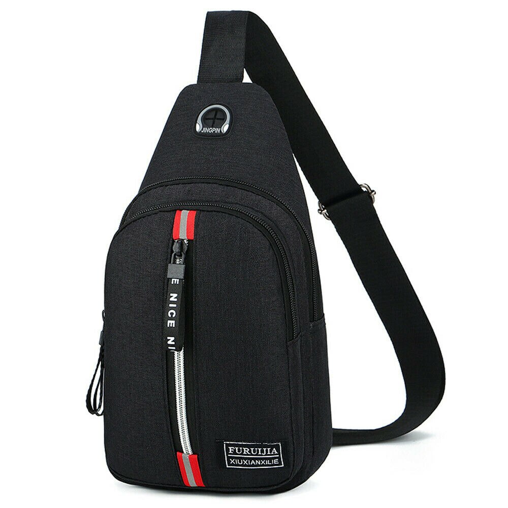 CANIS bolso de hombro para hombre Sling pecho Oxford USB carga deportes bandolera bolso: Negro