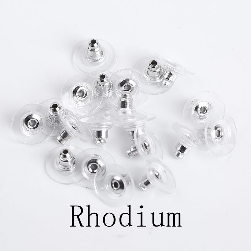 100 unids/lote, tapón de tuerca de goma para pendientes, hallazgos de joyería, accesorios Diy, platillo volador, pendiente trasero para fabricación de joyas: Rhodium