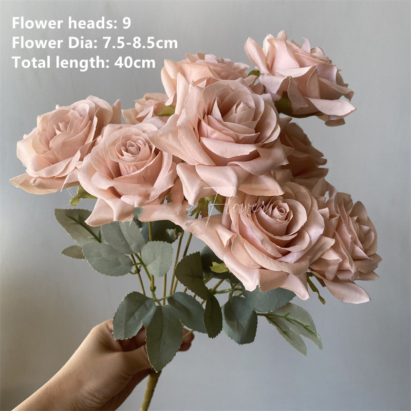Decoración de boda, rosa polvoriento, rubor, café ligero desnudo, arroz, rosa artificial blanca, fila de flores, guía de camino, flor,