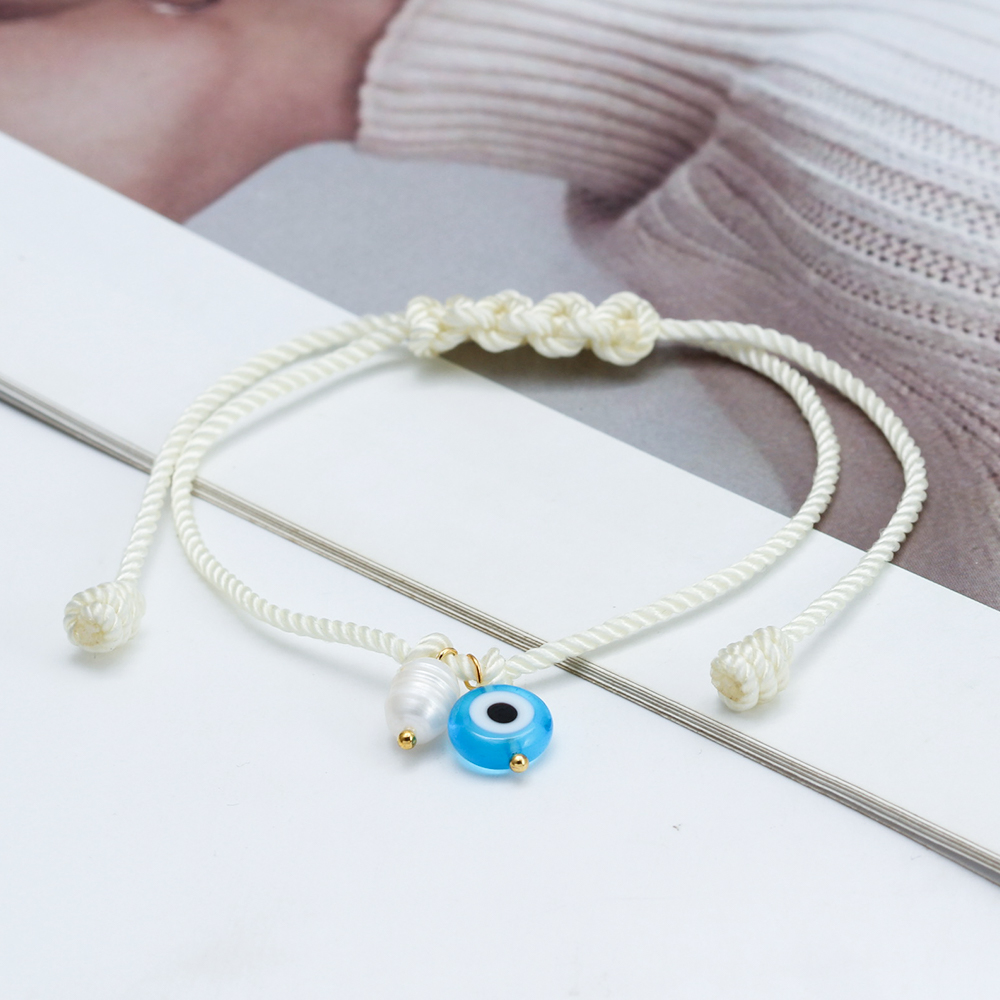 Pulsera de cuerda trenzada de ojo de la suerte, pulsera ajustable de cuentas de perlas de agua dulce de mal de ojo turco para mujeres y hombres, pulseras bijoux
