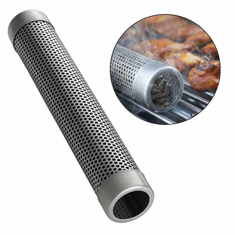 Bbq rustfrit stål perforeret mesh ryger rør filter gadget udendørs madlavning grill grill røgfilter bacon bbq værktøj