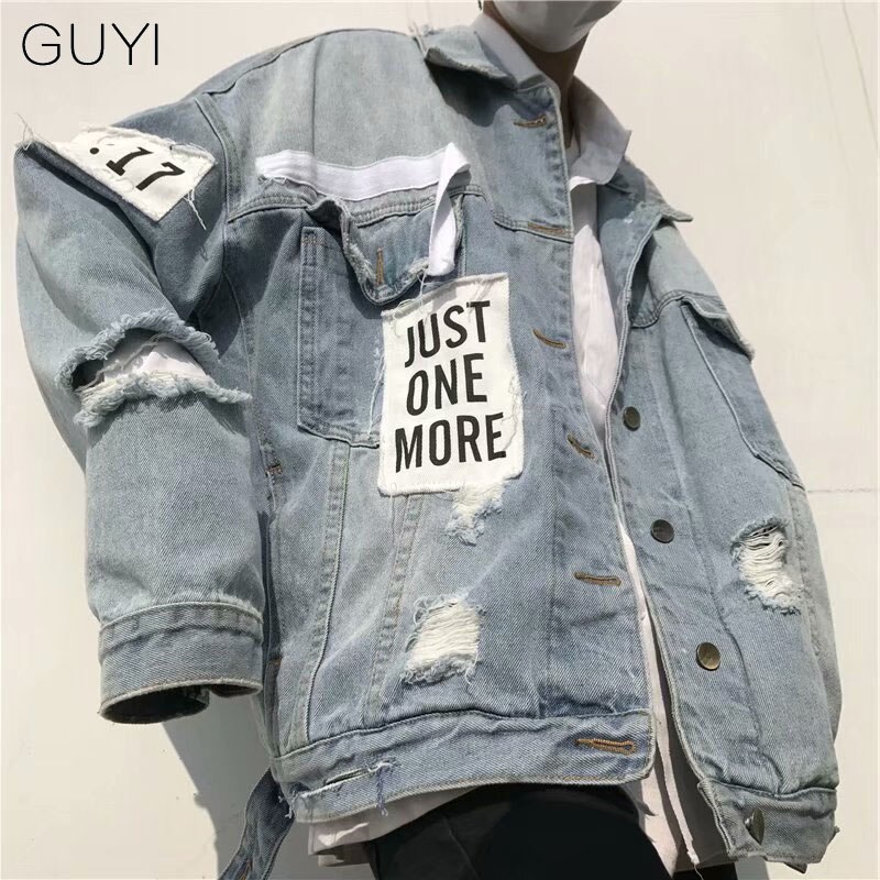 GUYI Retro carta rasgada chaquetas de mezclilla hombres de gran tamaño de manga larga agujero prendas de vestir y abrigos de Streetwear chaquetas de Hip Hop Casual