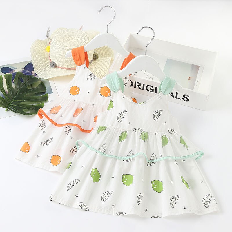Baby pige kjole citron print sommer spædbørn småbørn pige bomuld citron kjole ærmeløs vesti vestido nyfødt baby tøj