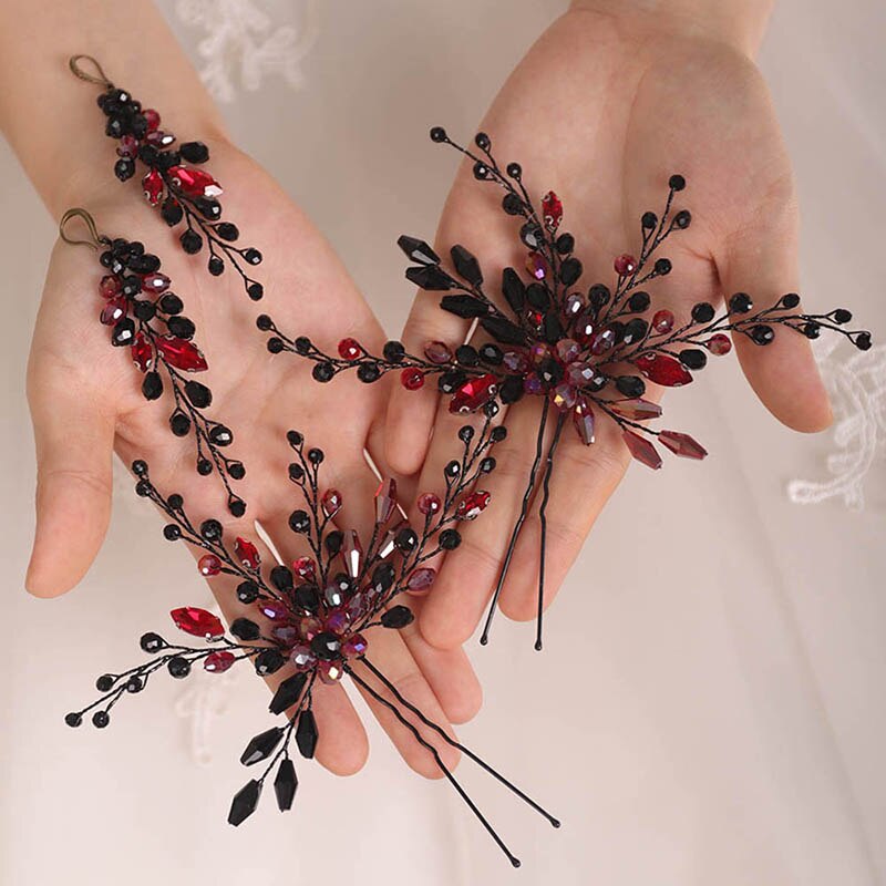 Bohe-conjunto de accesorios para el cabello para mujer, conjunto de pasador y pendientes negros, tocados de cristal, joyería para la cabeza nupcial, conjunto de peinado de boda: Negro