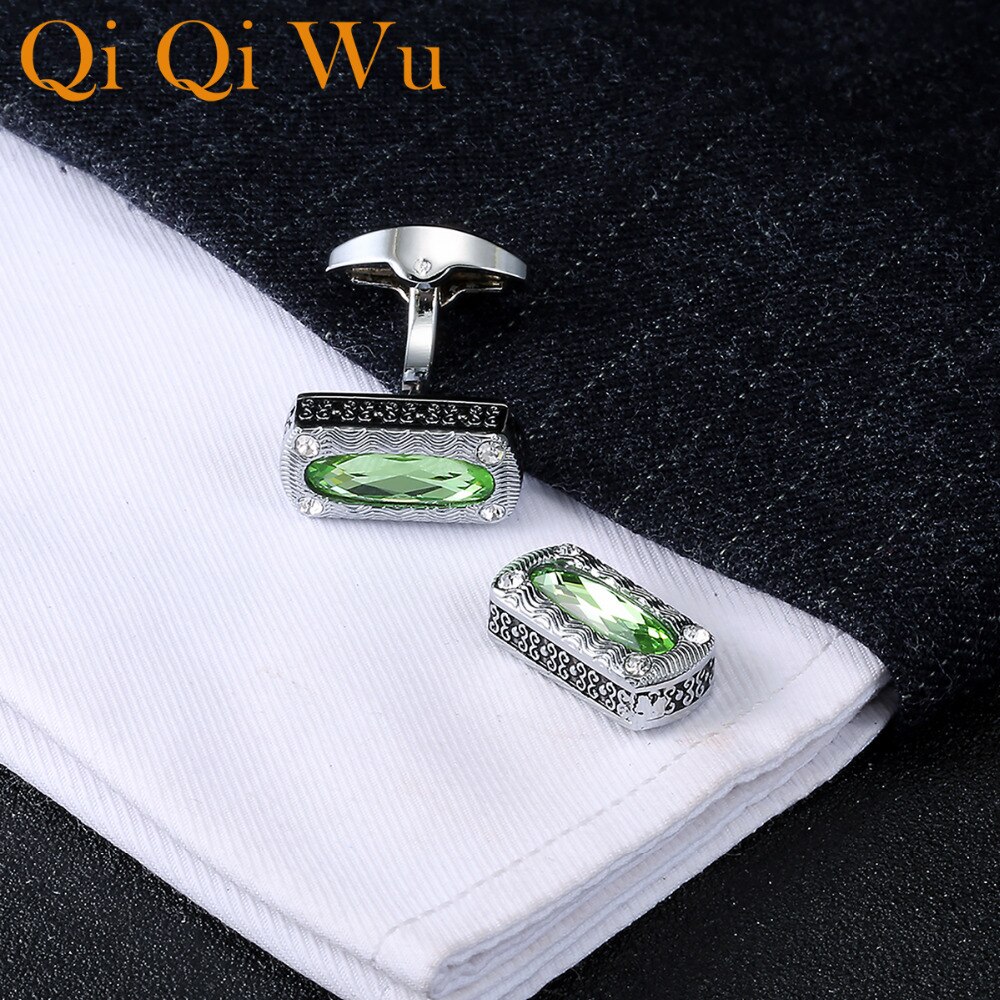 QiQiWu Retro Green Crystal Men Cufflinks Wedding Luxury Square Mens Shirt Cuff Buttons Silver Plated Cuff links Christmas