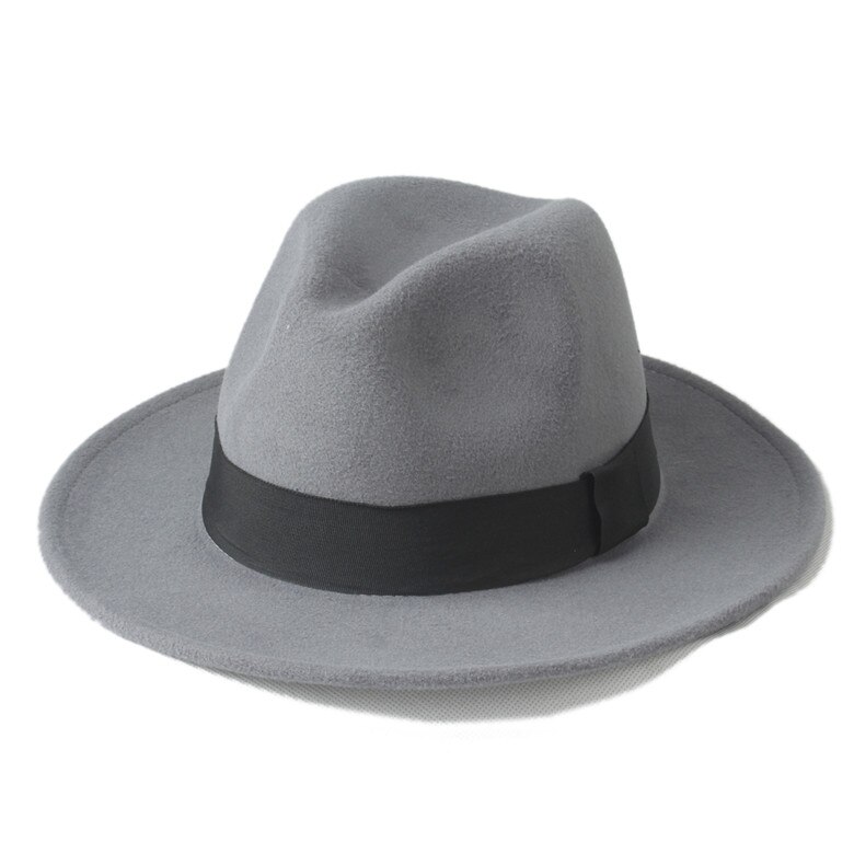 100%  uld bred rand vinter efterår mænd følte trilby fedora hat til gentleman top cloche panama sombrero cap 58cm: Lysegrå
