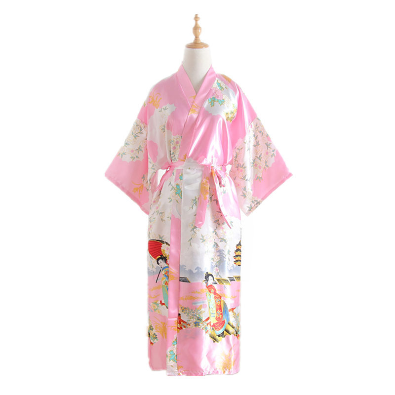 Japanese Kimono Style Cardigan Satin Bathrobe Long Pajamas Night Robe Yukata For Women Japanese Clothes Peacock Print: Pink