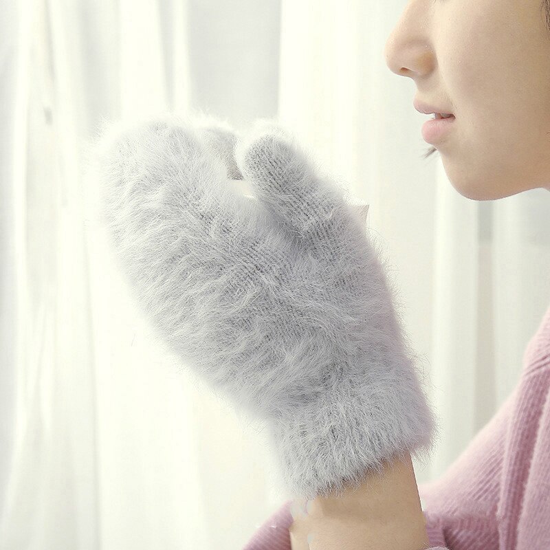 Frauen Mädchen Kaninchen Haar Handschuh Winter Dicken Flauschigen Weiche Fäustlinge Weihnachten Einfarbig Freien Nette Warme Handschuhe: Grau