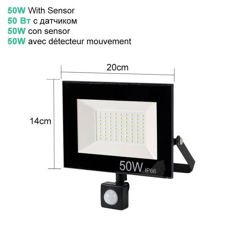 Ip66 vandtætte pir bevægelsessensor projektør led projektør lys 220v 240v udendørs væglampe 10w 20w 30w 50w projektør lys spotlight: Sensor 50w / Kølig hvid (5500-7000k)
