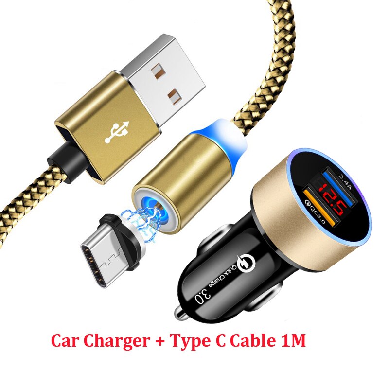 QC 3.0 Dual USB Quick Car Charger Magnetic Type C Cable For Samsung A50 A30 A21 A41 S8 S9 S10 Sony Xperia 10 XA1 Plus XA2 XZ3 L3: A Set of Gold