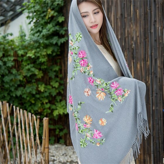 Borduren Bloemen Sjaal Vrouwen Kasjmier Katoen Viscose Sjaals Soild Plain Borduur Sjaals Moslim Kwasten Hijaabs GP02: Grijs