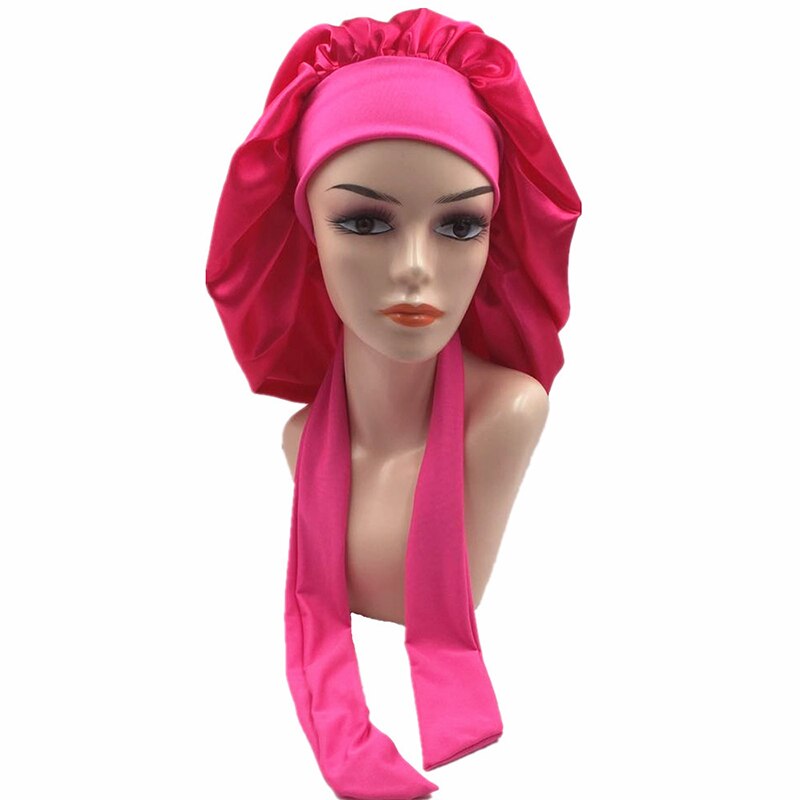 Women Night Sleep Cap Satin Solid Sleeping Hat Hair Care Bonnet Nightcap Unisex Head Cover Caps Shower Turban Wide Elastic Band: Rose Red