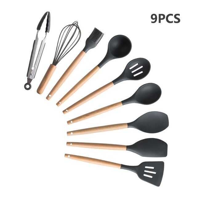 Batterie de cuisine en silicone avec poignée en bois Ensemble de cuisine Ensemble de batterie de cuisine Batterie de cuisine antiadhésive Accessoires de cuisine avec boîte de rangement en acier inoxydable: BLACK-9PCS