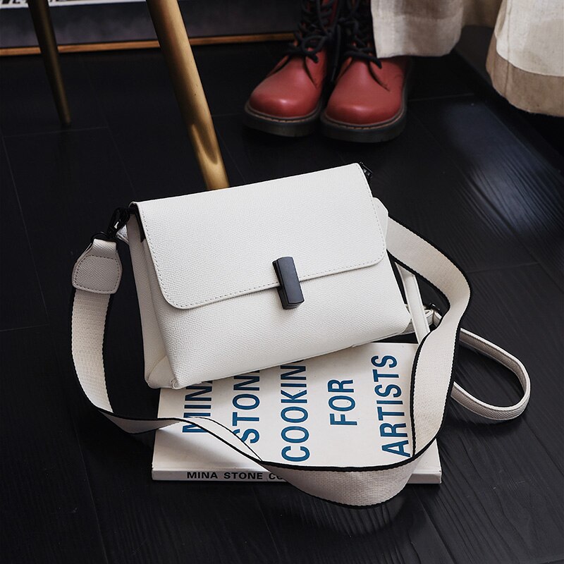 Solid color Flap Crossbody bag High Leather Women's Handbag Wide Shoulder strap Shoulder Messenger Bag: Light Beige