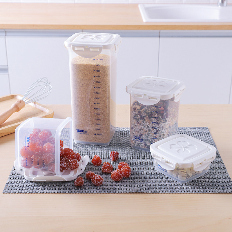 Plastic Containers for Food Storage with Scale Bar Mark Square Kitchen Storage Container Grain Rice Fruit Coffee Sealed Cans Set