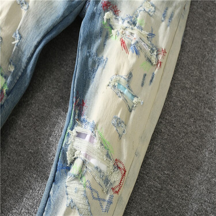 Pantalones vaqueros desgastados con agujeros para hombre, apliques para ropa, letterA, destrucción de pies pequeños, elásticos, high street,
