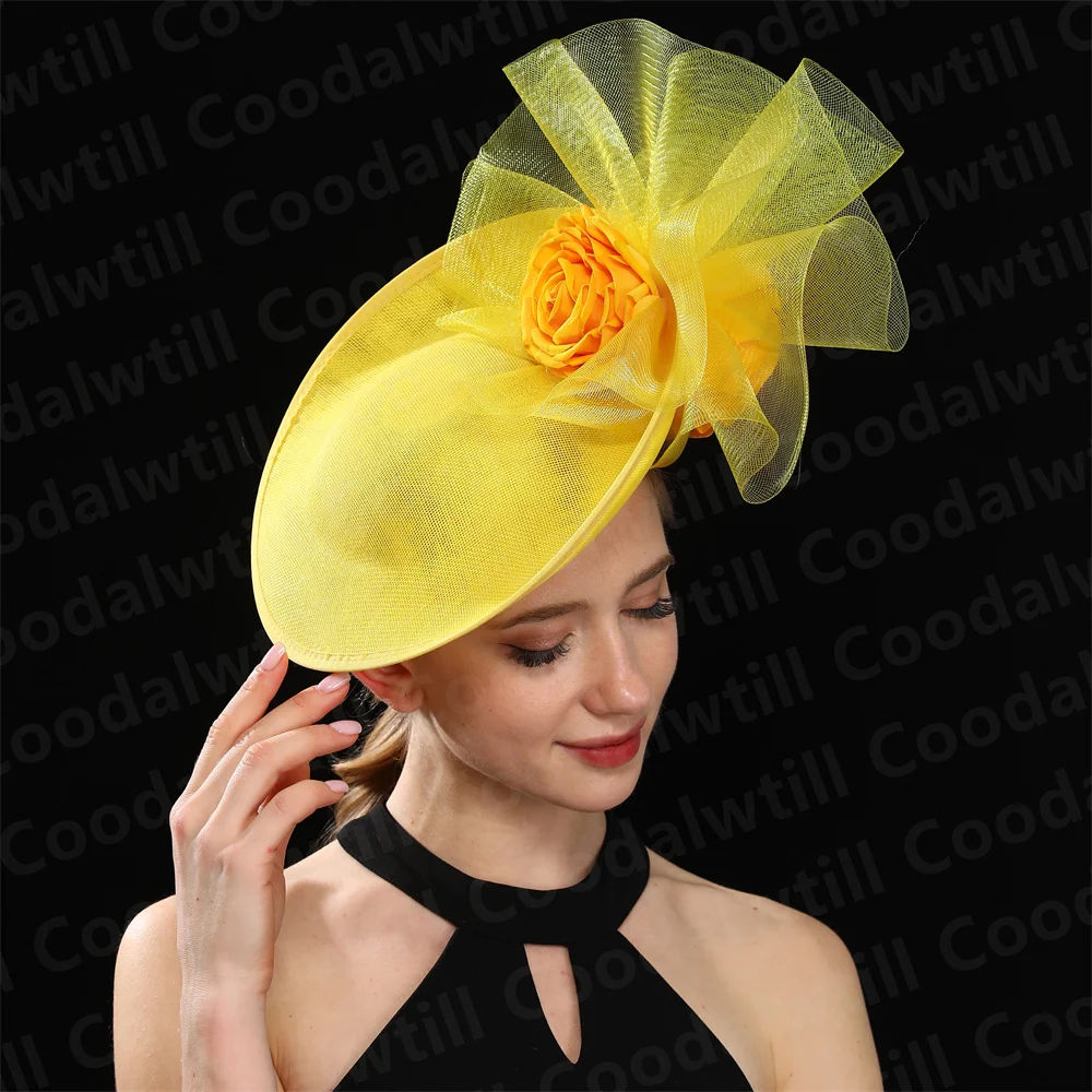 Chique marinha fascinators chapéu para mulheres elegante royal ascot millinery boné noiva casamento cocktail acessórios de cabelo véus headpiece: YELLOW