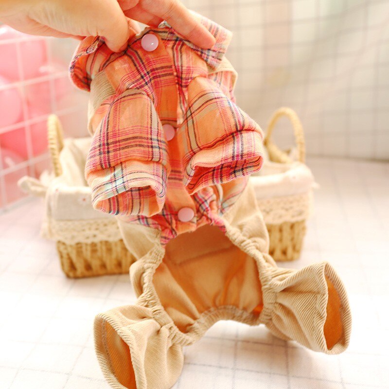 Spring Summer Dog Clothes four-legged Pink Lattice Suspenders Pet TeddyClothes Casual Button Suit XS S M L XL