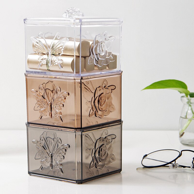 XUNZHE Plastic Rose Cover Dust-proof Cosmetic Box Transparent Carved Lipstick Finishing Box Cotton Swab Box Desk Organizer Box