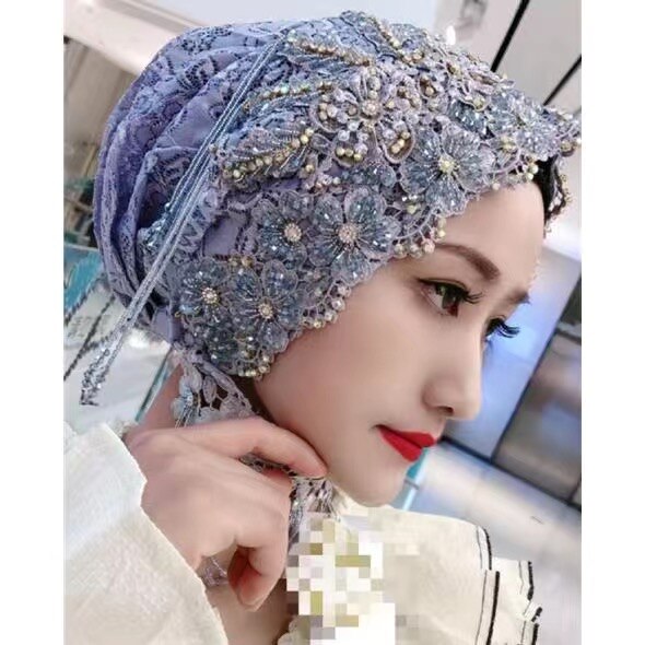 Boutique Handwork Muslim Bride Lace Wedding Party Hijabs Caps 2pcs/set: B