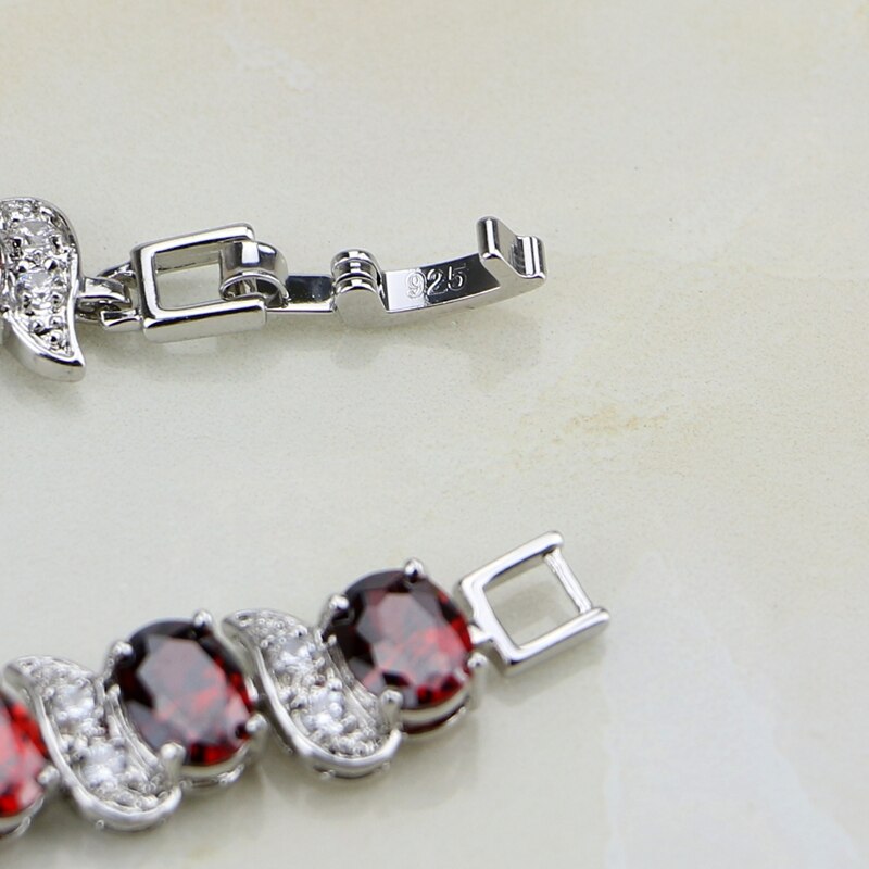 Klassieke Rode Granaat Wit Zirconia Charm 925 Sterling Zilveren Ketting Link Armband Voor Vrouwen Gratis Box