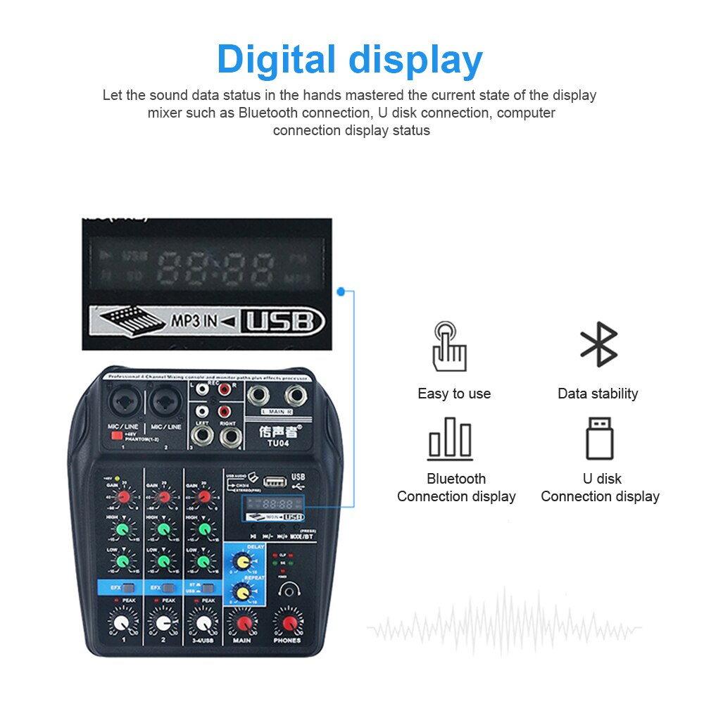 A4 Sound Mixing Console Bluetooth USB Record Computer Playback 48V Phantom Power Delay Repaeat Effect 4 Channels USB Audio Mixer