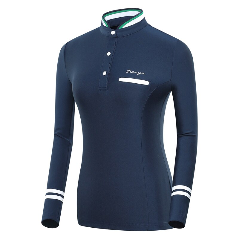 Golfkläder kvinnor långärmade skjortor golftoppar stå krage teamuniform utomhussportkläder college koreansk stil: Marinblå / S