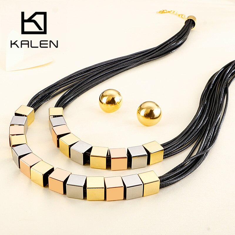 KALEN Leather Rope Choker Jewellery Multiple Color Stainless Steel Necklace Earrings Sets For Women Dubai Femme Jewelry Sets