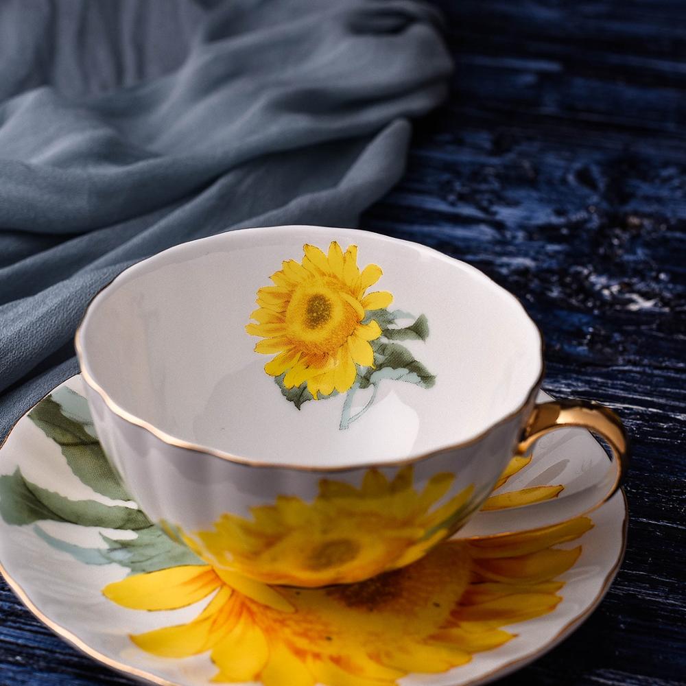 250ml solsikke europæiske højkvalitets keramiske kaffekopper og underkop sæt med guld kant cappuccino blomst mælk te krus latte måtte