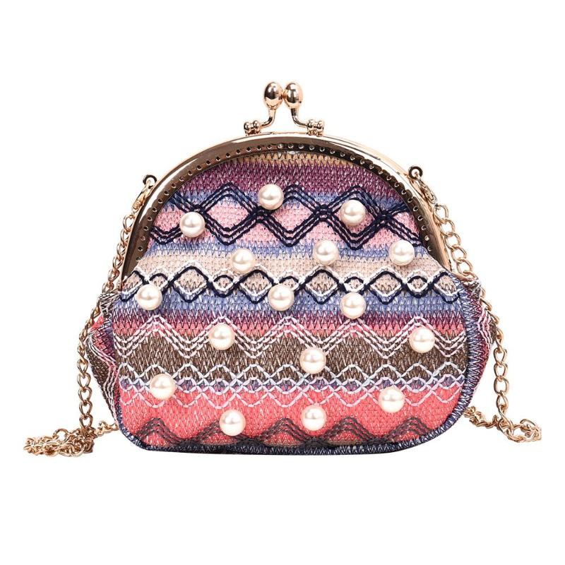 Etniske vævede perler dekor skulder håndtasker kvinder lille kæde crossbody taske udendørs crossbody messenger taske totes: Multi