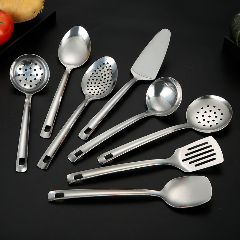Utensílios de cozinha de aço inoxidável, polido, pendurado, prata, escorredor, sopa, fritura, espátula, acessórios domésticos simples