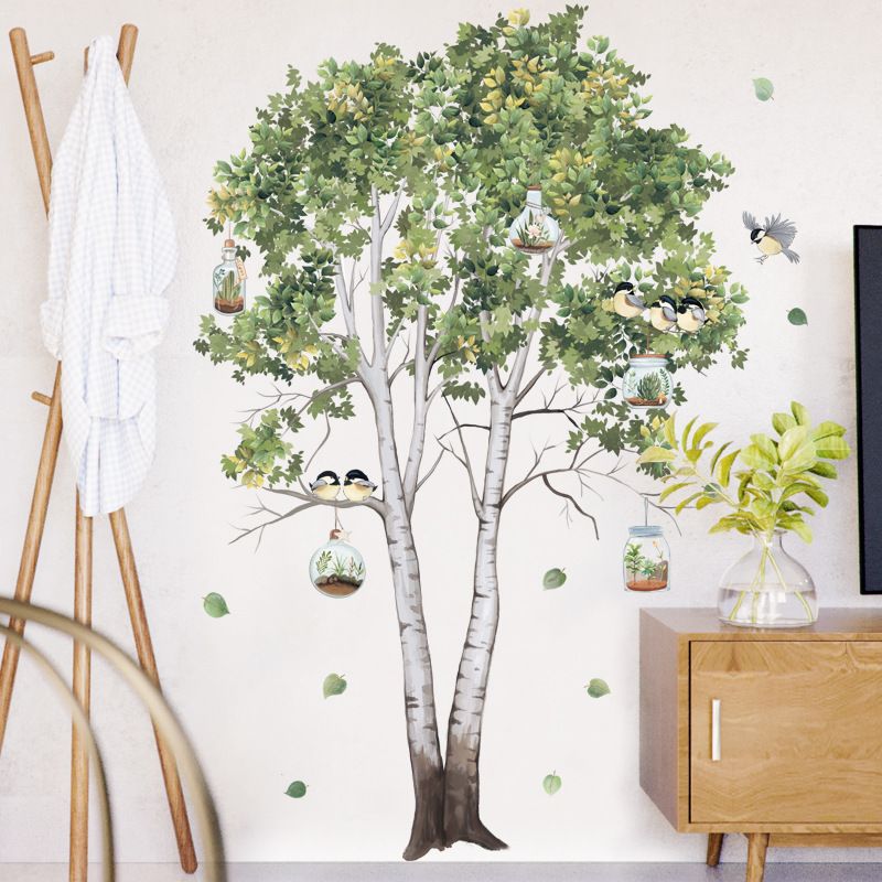 Autocollant mural grand arbre bouleau, feuilles vertes, plante, Stickers muraux, salon chambre à coucher, oiseaux, décor de maison, papier peint de décoration de salle en PVC