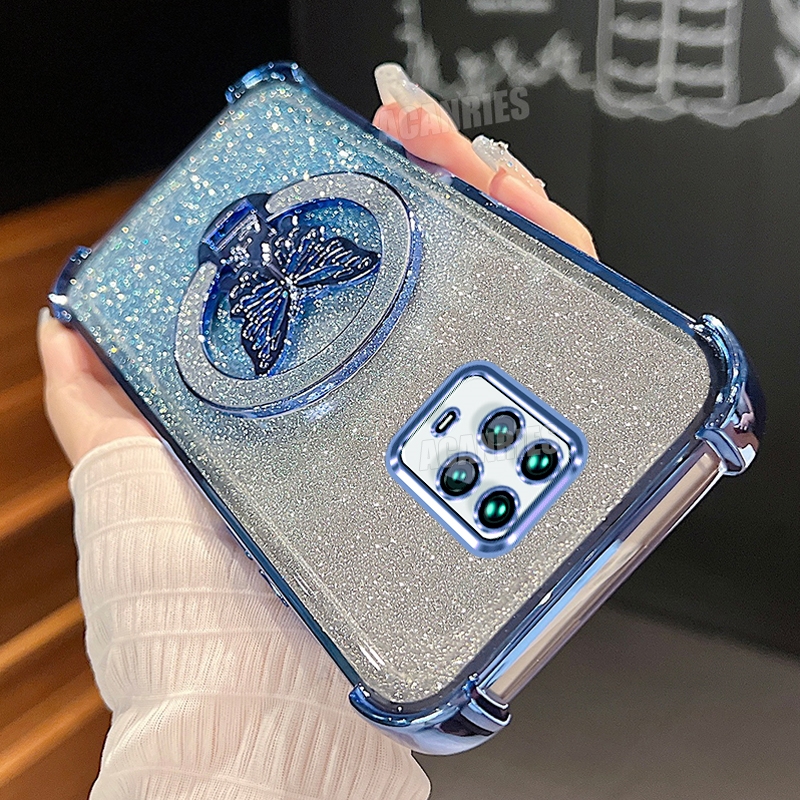 Note9s Glitter Butterfly Holder Plating Gradation Silicone Case On For Xiaomi Redmi Note 9 Pro 9pro 9s Shockproof Cover Note9pro: EVA / Brązowy