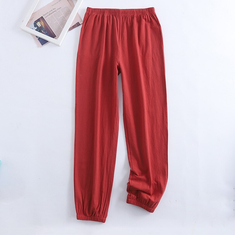 Pantalones de pijama para mujer, ropa de dormir de algodón y lino, Leggings de Color sólido, para el hogar, novedad de verano: Rojo / L