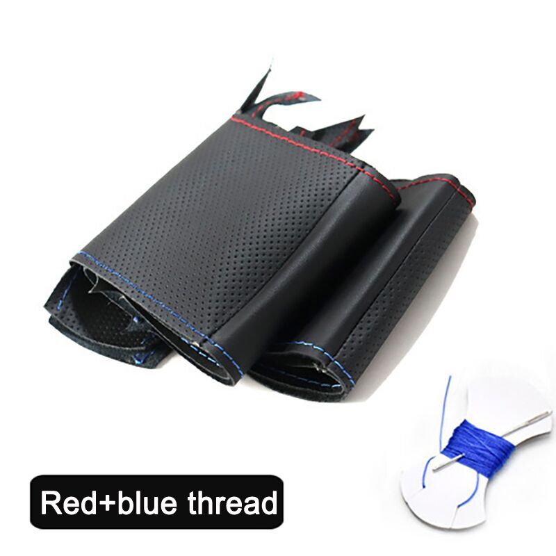 Handsewing Zwarte Kunstmatige Lederen Stuurwiel Covers Voor Ssangyong Korando: Red  Blue thread