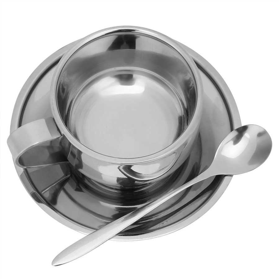 Silver Stainless Steel Anti-Scald Coffee Cup Mugs Espresso Cups with Spoon Saucer Set Tableware