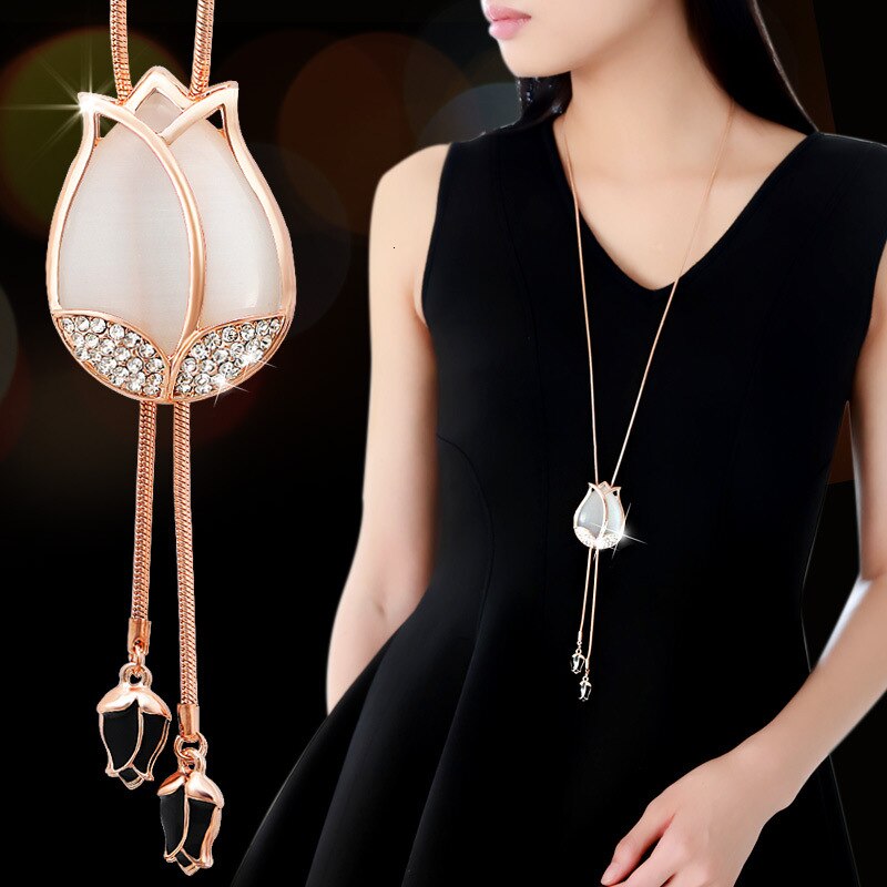 Luxury Long Chain Necklaces & Pendants for Women Waterdrop Gray Crystal Necklace Female Collier Femme Party Jewelry