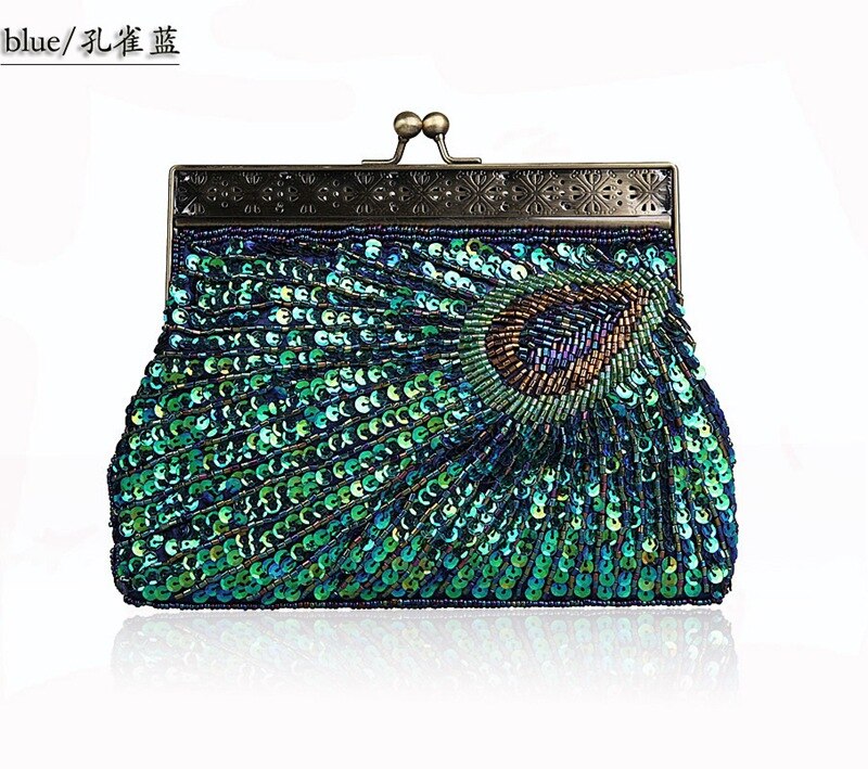 Abend Taschen Boutique Perle Stickerei retro Bankett Tasche Cheongsam Kleid Zubehör Tasche Weiter Zu Verkaufen Darm Tasche: Pfau Blau